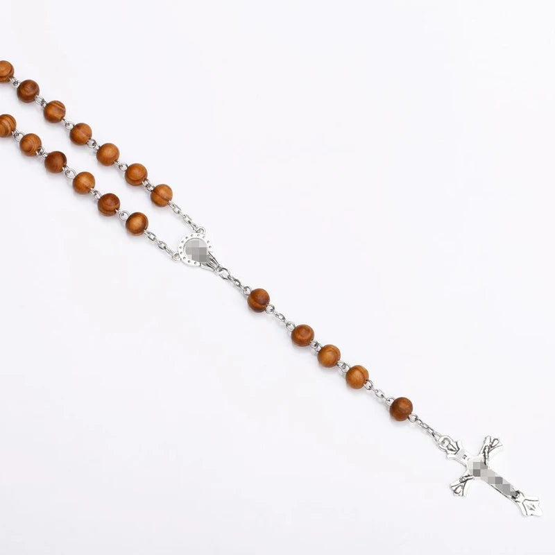8mm Wood Rosary Beads Necklace – Catholic Jesus Christ Cross Crucifix Pendant Long Chain Religious Jewelry for Men & Women