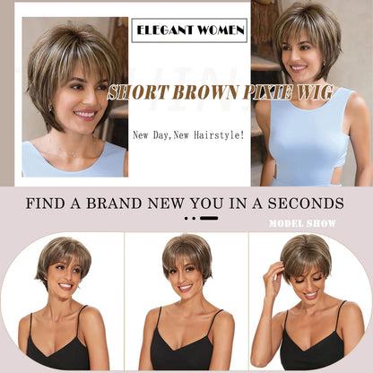 Brown Short Layered Pixie Cut with Blonde Highlights – Natural-Looking Synthetic Wig for White Women