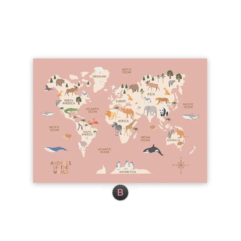 Pastel Animal World Map Canvas Wall Art – Educational Nordic Poster Print for Kids Room Decoration & Nursery Home Decor