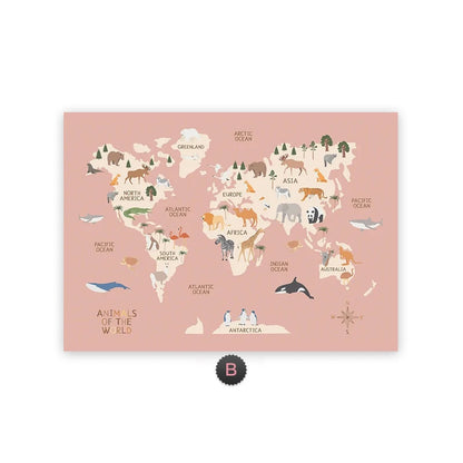 Pastel Animal World Map Canvas Wall Art – Educational Nordic Poster Print for Kids Room Decoration & Nursery Home Decor