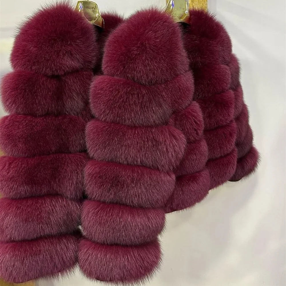 QUEENTINA Women’s Real Fox Fur Coat – Brown Leather & Skin Winter Fashion Outerwear 2025