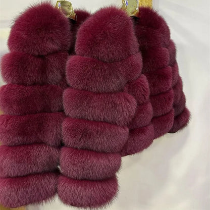 QUEENTINA Women’s Real Fox Fur Coat – Brown Leather & Skin Winter Fashion Outerwear 2025