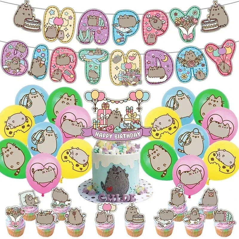 Pusheen Cat Birthday Party Decorations - Cartoon Pet Theme Balloons, Banner, Backdrop, Cake Topper, and Baby Shower Stickers