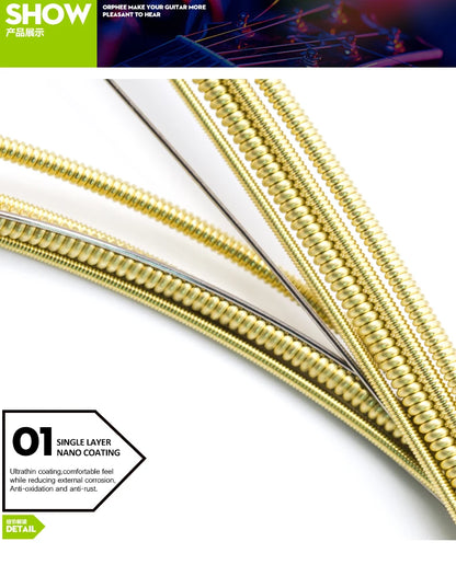 Orphee Acoustic Guitar Strings – 6Pcs/Set, Hexagonal Core, Full Bright Tone, TX620/TX630/TX640, Folk Guitar Accessories