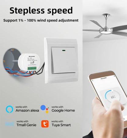 Tuya WiFi Mini Smart Fan Speed Controller – DIY Ceiling Fan Switch, Remote & Voice Control, Alexa & Google Home Compatible