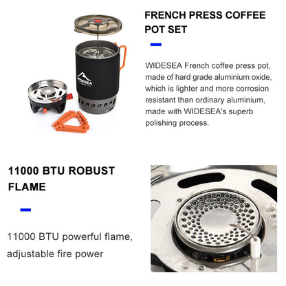 Widesea Camping Cooking System – Gas Stove Burner with Heat Exchanger, Coffee Pot & Cookware for Outdoor Tourism