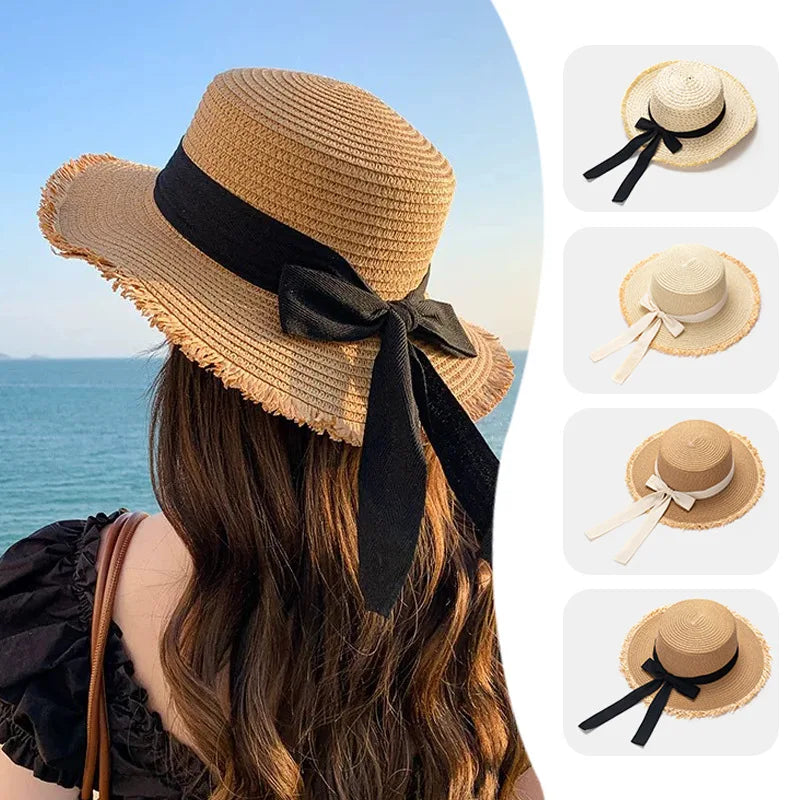 Bow Straw Hat for Women – Wide Brim Sun Visor Cap for Beach, Summer Vacation & Outdoor Sun Protection
