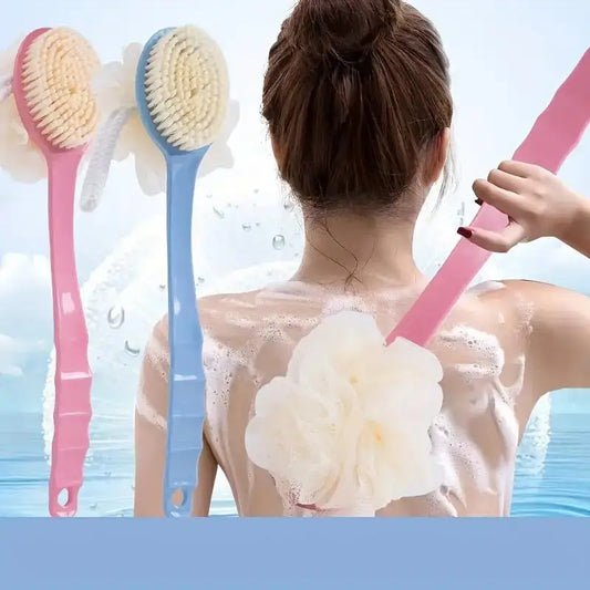 Soft Loofah & Bristle Bath Brush - Long Curved Handle Shower Scrubber for Body, Face & Spa Cleansing