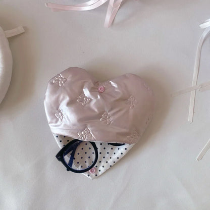 Pink Heart Bow Glasses Case - PU Leather Eyewear Storage Pouch with Embossed Pattern Design
