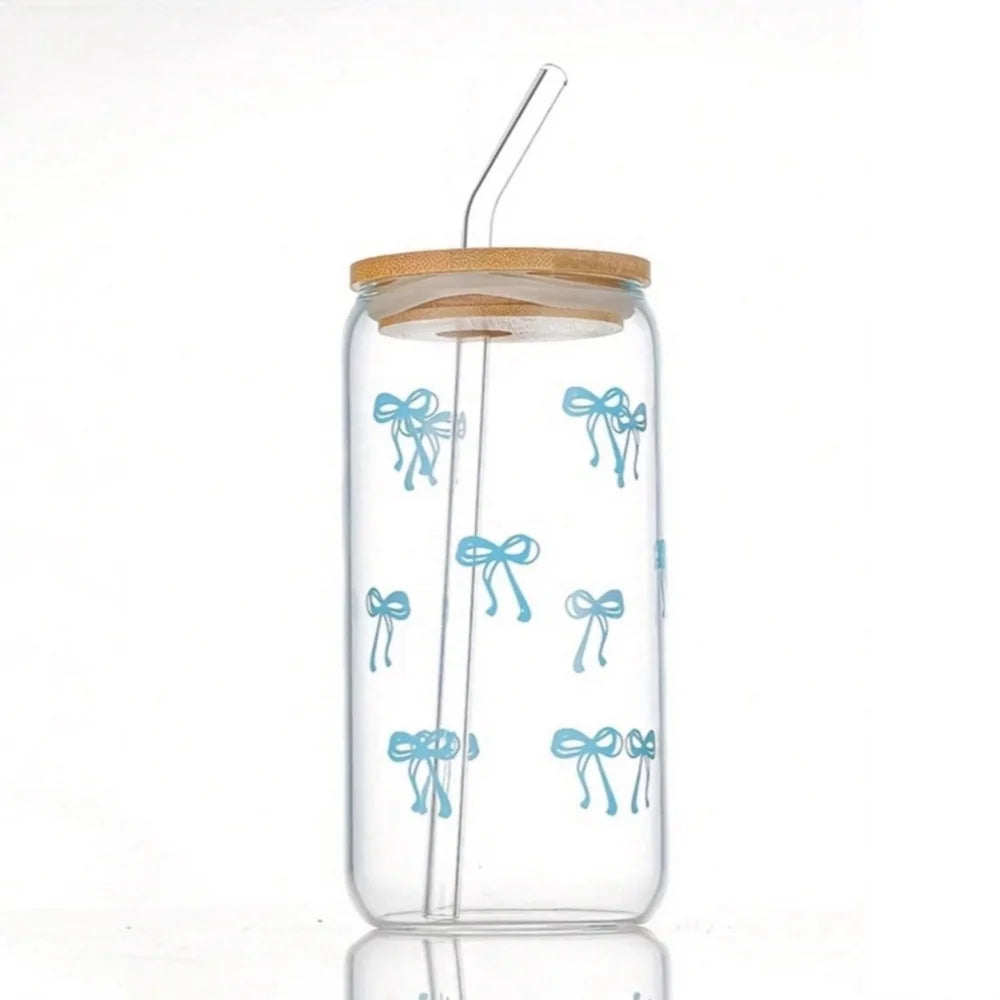 500ml Pink Bow Glass Tumbler with Lid & Straw - Cute Cup for Iced Coffee, Matcha, Smoothies & Juice