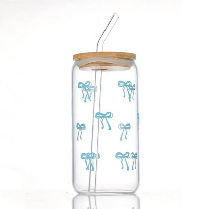 500ml Pink Bow Glass Tumbler with Lid & Straw - Cute Cup for Iced Coffee, Matcha, Smoothies & Juice