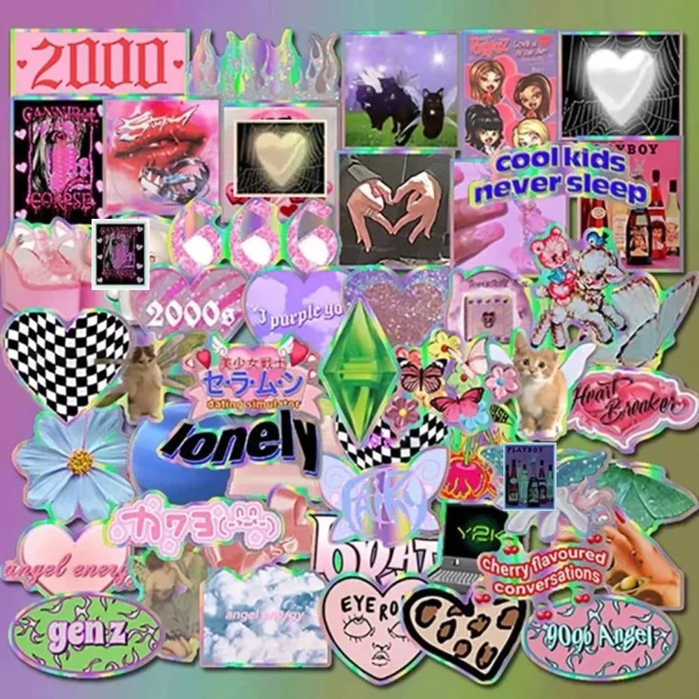 50PCS Y2K Pink Girl Stickers - Cute Laser Decals for Laptops, Phones, Suitcases & Scrapbooks
