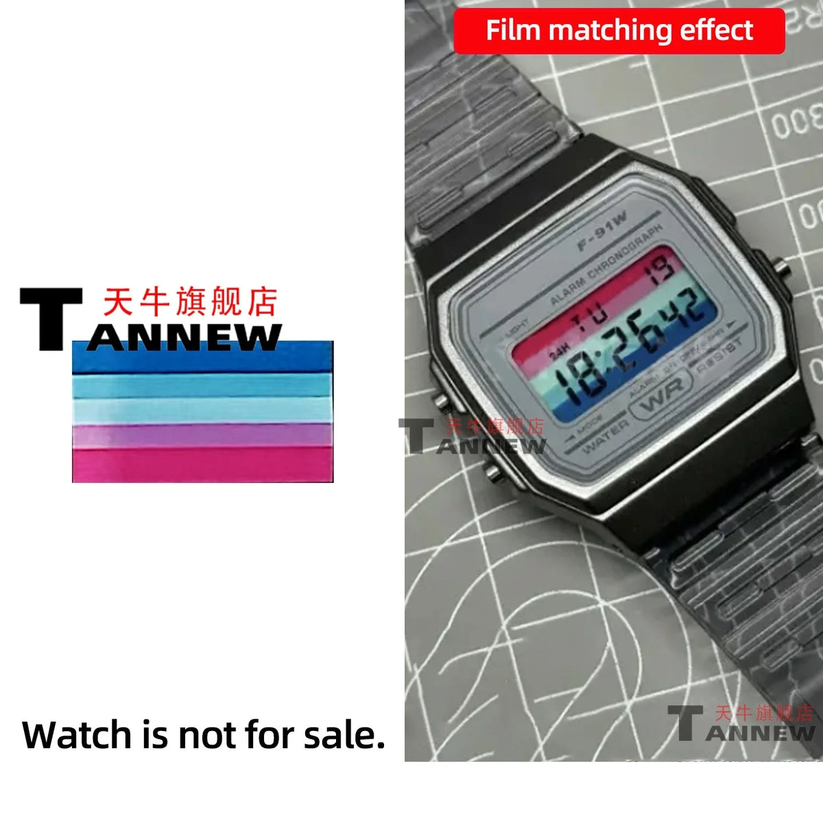Casio F-91W A158W A168 Mod Kit - STN HD Display, Rainbow Gradient Display Sticker & Complete Watch Makeover Set