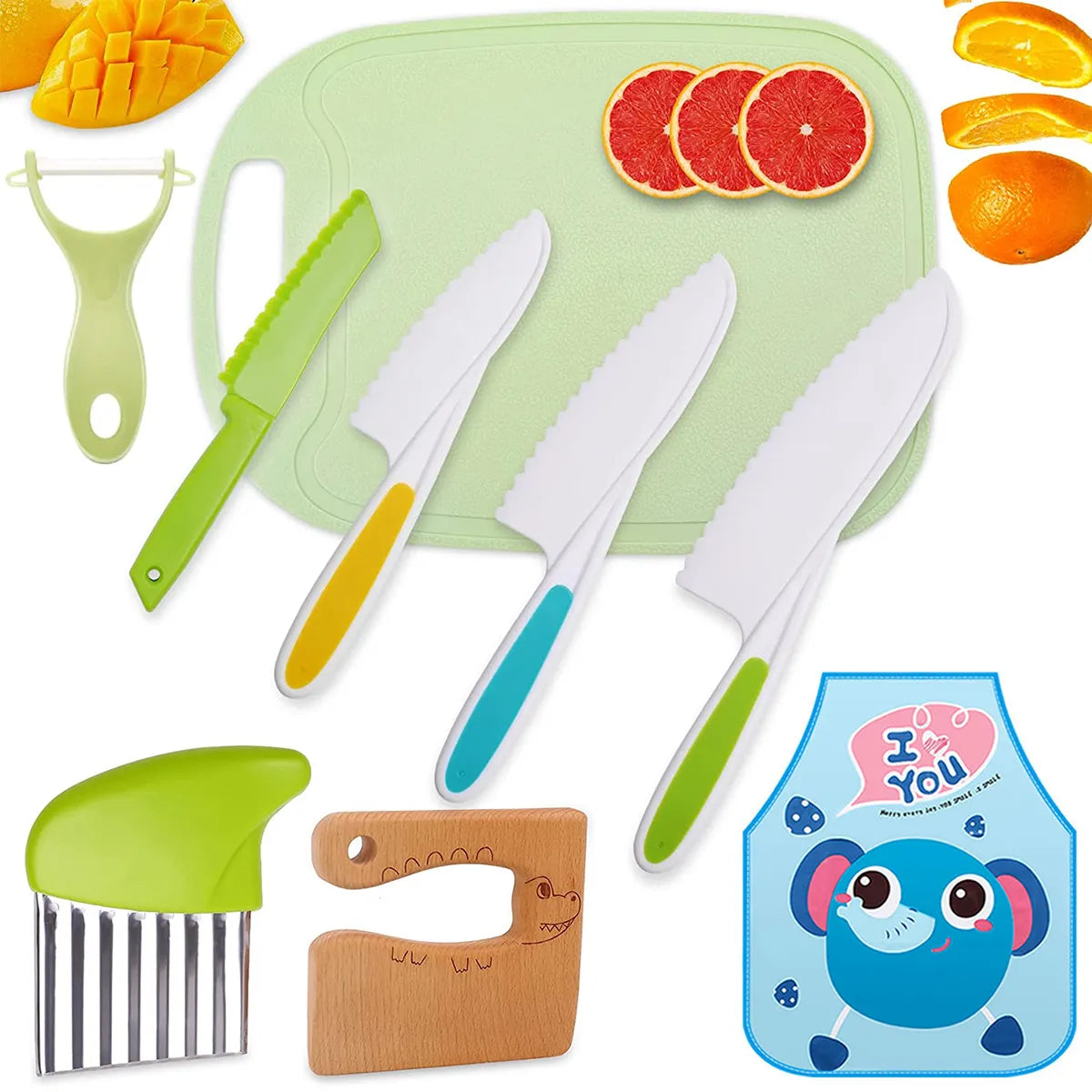 Kids Cooking Cutter Set - Safe Wooden and Plastic Knives for Toddlers, Includes Fruit Cutter and Peeler, Perfect for Little Chefs' Kitchen Adventures