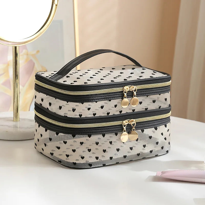 Double-Layer Black Mesh Cosmetic Bag – Large Capacity Travel Makeup Case Organizer with Zipper Toiletry Pouch