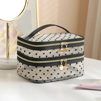 Double-Layer Black Mesh Cosmetic Bag – Large Capacity Travel Makeup Case Organizer with Zipper Toiletry Pouch