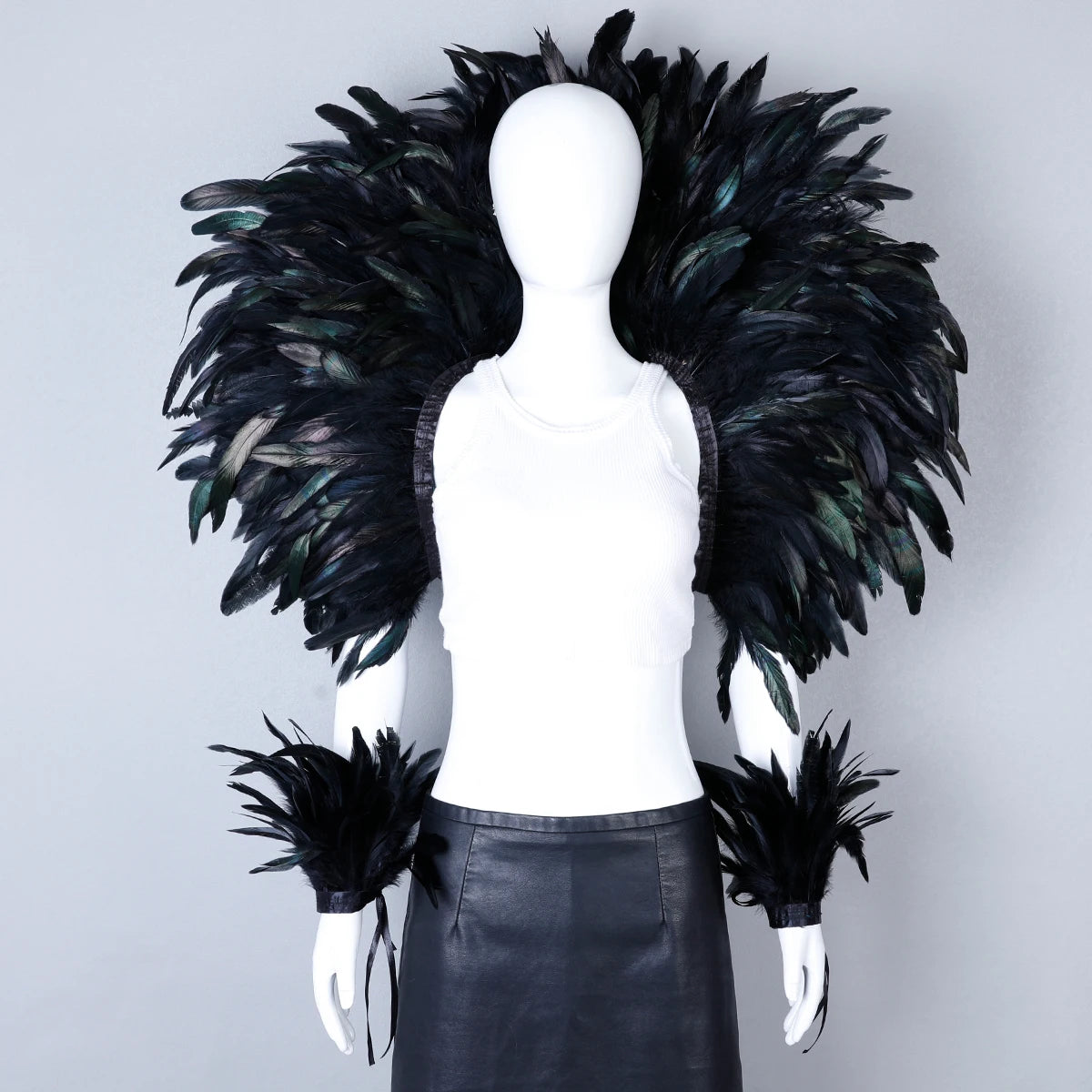 Women’s 2-Piece Feather Shawl Set - Elegant Punk-Style Cosplay Accessories for Halloween, Masquerade Balls, Parties, and Carnivals