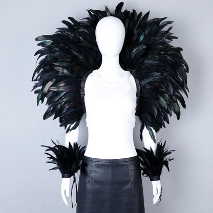 Women’s 2-Piece Feather Shawl Set - Elegant Punk-Style Cosplay Accessories for Halloween, Masquerade Balls, Parties, and Carnivals
