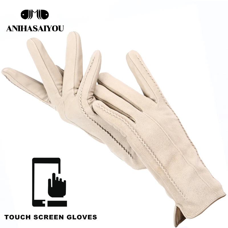 Women’s Winter Touch Gloves – 50% Genuine Leather & 50% Suede, Colorful Warm Leather Gloves