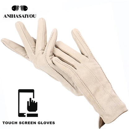 Women’s Winter Touch Gloves – 50% Genuine Leather & 50% Suede, Colorful Warm Leather Gloves