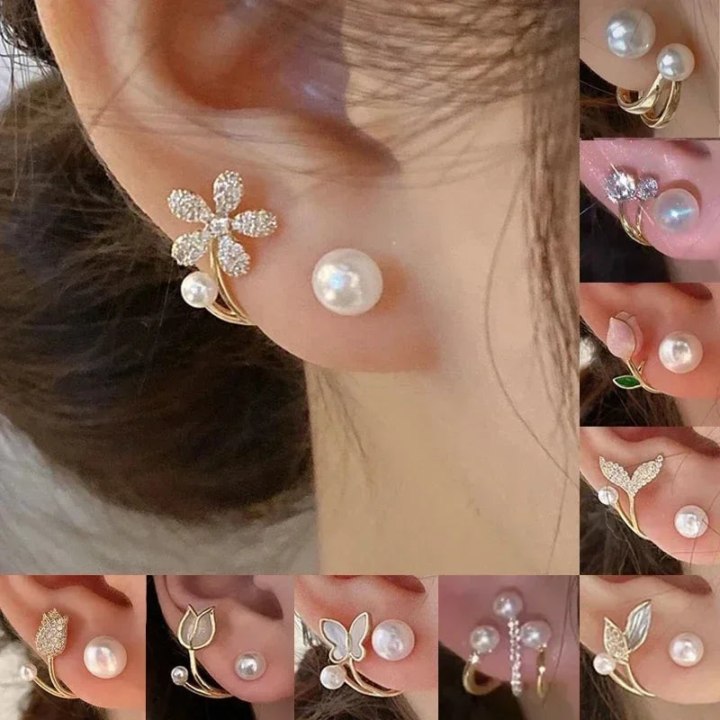 Korean Vintage Pearl & Crystal Earrings for Women — Luxury Zircon Flower, Butterfly & Leaf Stud Jewelry