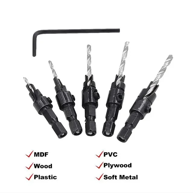 5PCS Woodworking Countersink Drill Bit Set – One-Piece Hex Handle Twist Drill with Chamfering Tool
