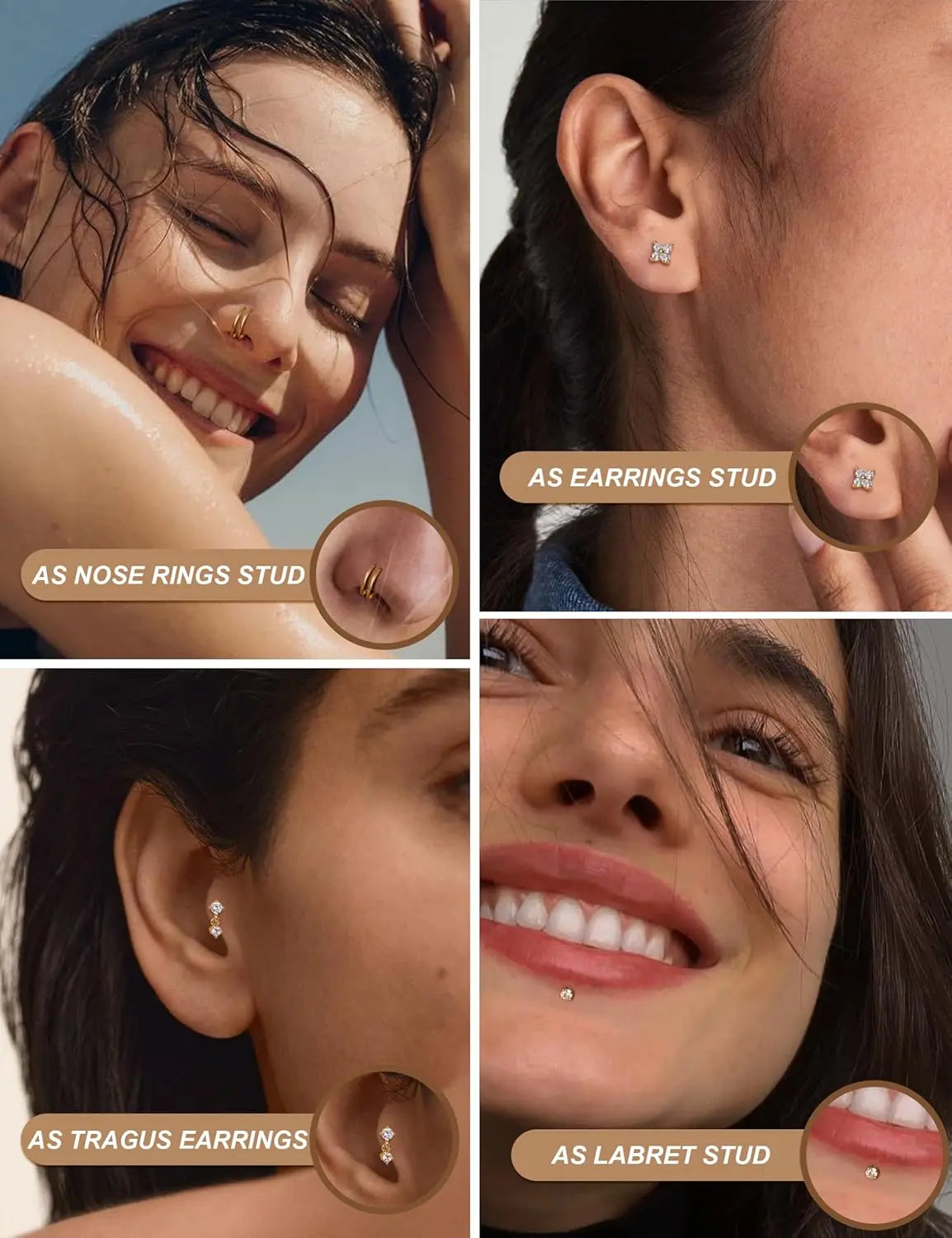 14K Gold Plated CZ Flat Back Stud Earrings – 316L Surgical Steel Threadless Nose, Helix & Cartilage Piercing Jewelry