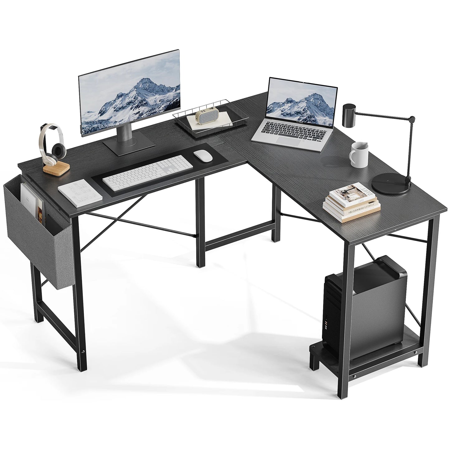 50-Inch Gaming Corner Desk – Wooden Office Writing Table with CPU Storage Shelf & Side Bag for Small Spaces