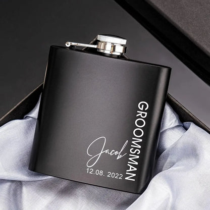 Personalized 6oz Stainless Steel Hip Flask – Engraved Gift for Best Man, Groom, Wedding with Custom Logo & Gift Box