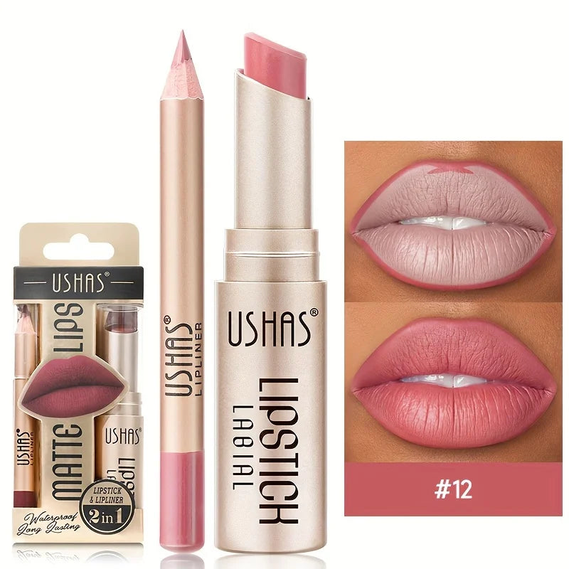 USHAS 12-Color Matte Lipstick & Lip Liner Set – Long-Lasting, Waterproof, Non-Stick Easy Coloring Lip Makeup Kit