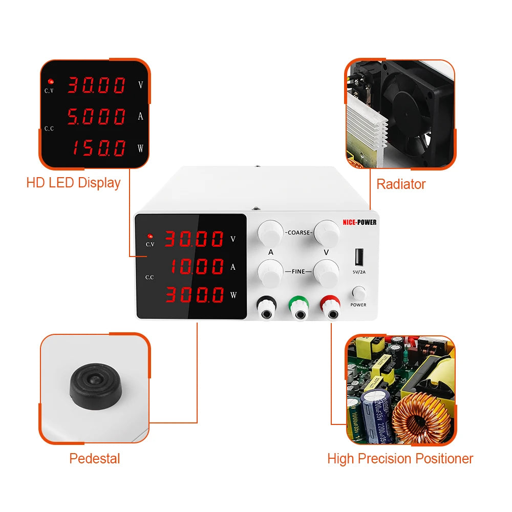 DC Programmable Power Supply — 30V 10A / 60V 5A / 120V Adjustable Laboratory Bench Source with 4-Set Memory Storage Functions