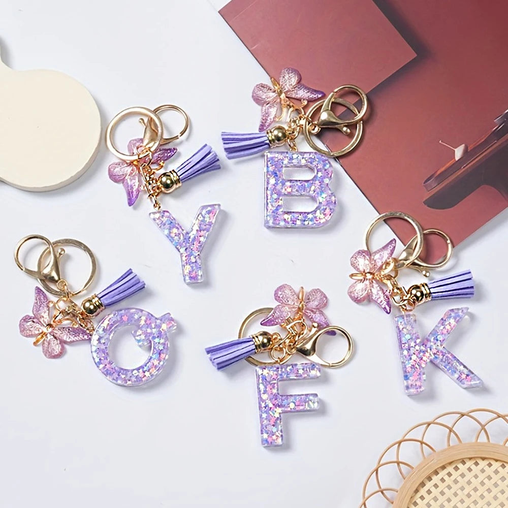A-Z Initial Letter Sequin Keychain - Purple Butterfly Tassel Resin Keyring Backpack Charm Gift