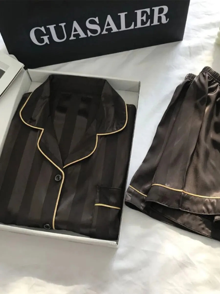 Women's Plus Size Satin Pajamas Set – Elegant Striped Long Sleeve Button-Up Top and Pants Loungewear