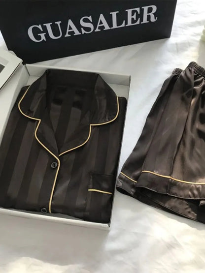 Women's Plus Size Satin Pajamas Set – Elegant Striped Long Sleeve Button-Up Top and Pants Loungewear