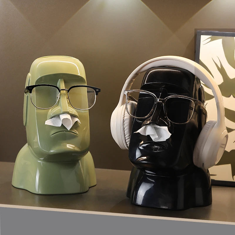 Miniso Moai Stone Statue Tissue Box & Glasses Holder – Multifunctional Home Decor Stand
