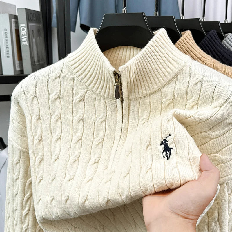 Heshi Men's Vintage Zipper Sweater - Stand Collar 3D Embroidery Autumn Winter Knitwear Casual Pullover