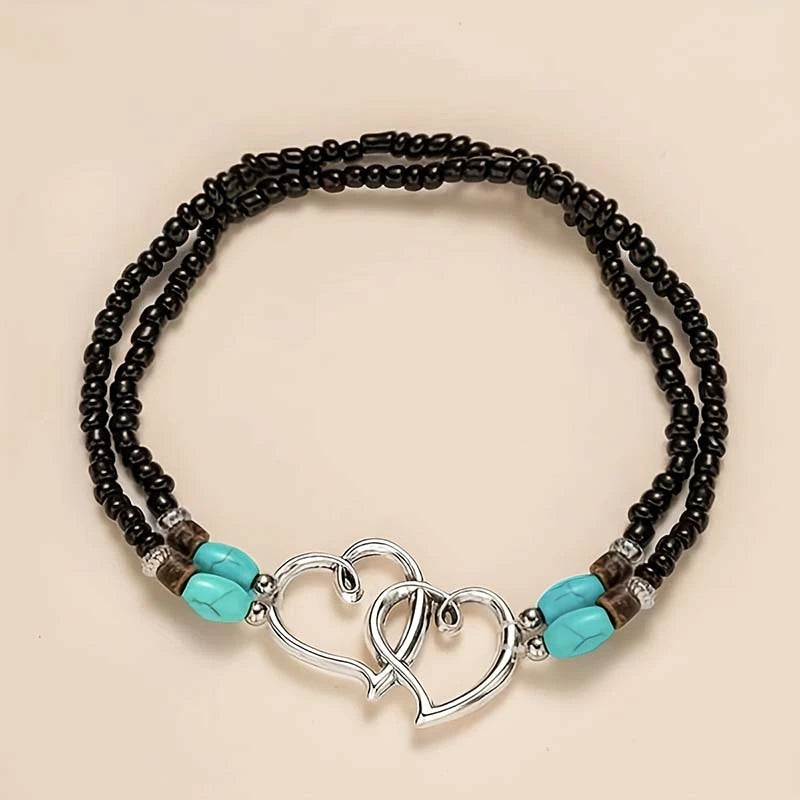 Bohemia Starfish Conch Shell Anklet – Double Heart Beaded Summer Beach Leg Chain Jewelry for Women Barefoot Sandal Accessory