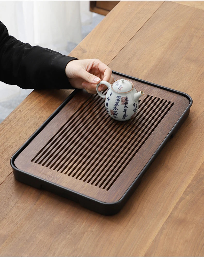 Square Bamboo Tea Tray with Drainage — Elegant Kung Fu Tea Set Tablett for Adults, Simple Chaban Tray for Tea Parties