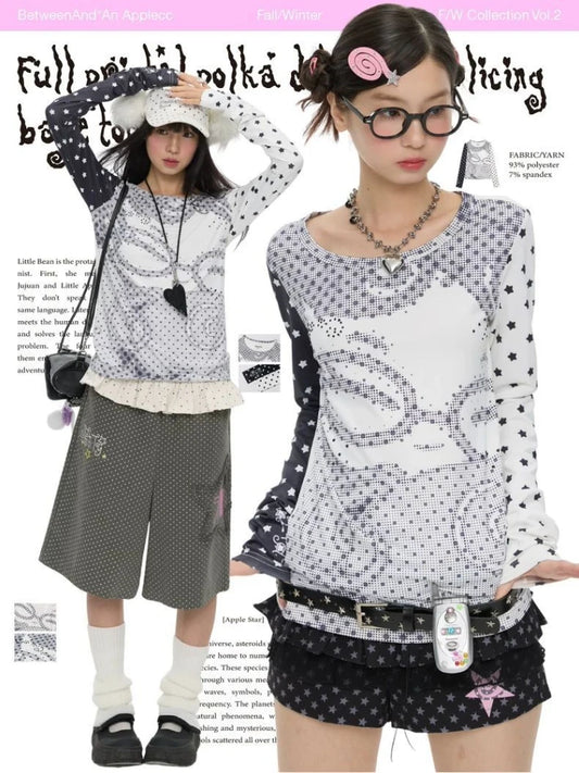 HOUZHOU Y2K Vintage Anime Polka Dot Long Sleeve T-Shirt for Women – Harajuku Gyaru Slim Fit Japanese Streetwear Top