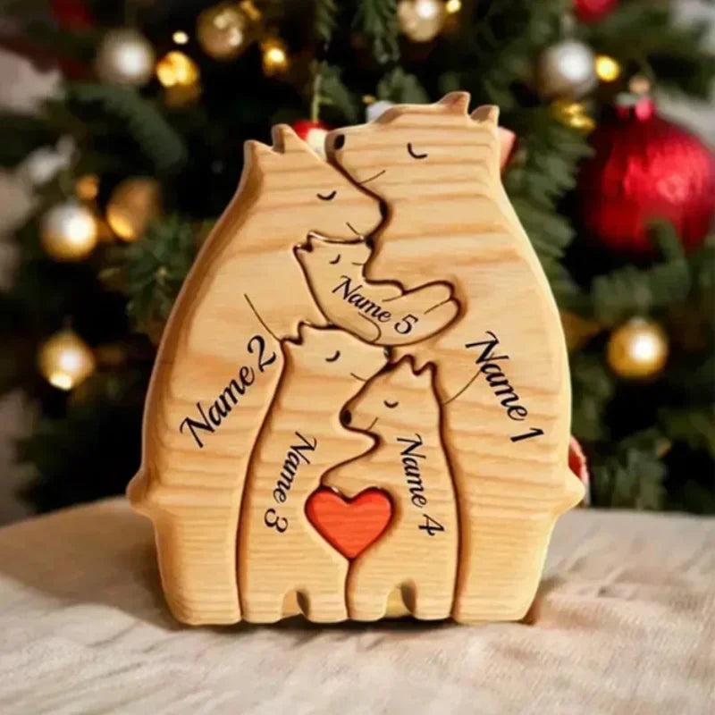 Personalized Wooden Bear Family Puzzle – Custom Name Home Decor, Thanksgiving & Christmas Gift for Mom & Baby