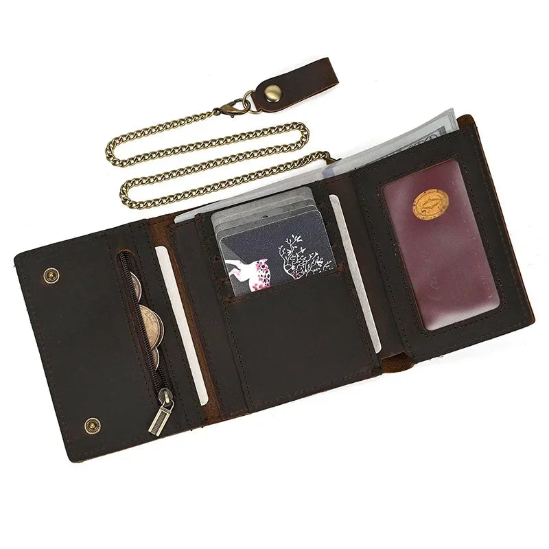 Men’s Genuine Leather Short Wallet with Chain – Trifold Zipper Clutch, Card Holder & Coin Purse