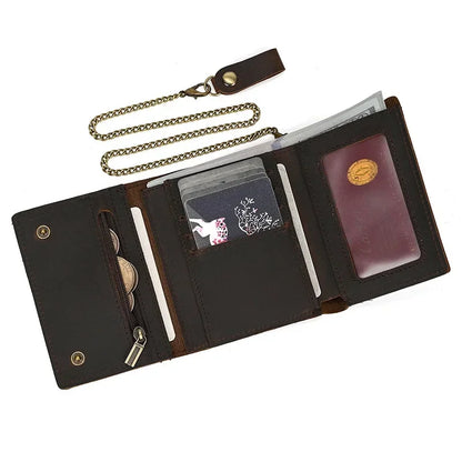 Men’s Genuine Leather Short Wallet with Chain – Trifold Zipper Clutch, Card Holder & Coin Purse
