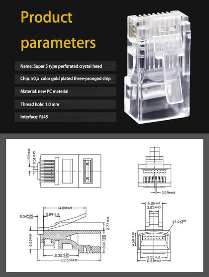 50 PCS RJ45 Cat6 Connectors — Unshielded Perforated Crystal Head for Network Cables