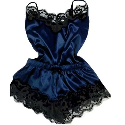 Women’s Summer Lace Silk Pajama Set – Sexy Cami Top & Shorts Sleepwear Lingerie Comfortable Soft Casual Nightwear Pijamas