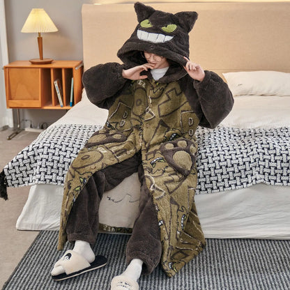 Gengar Anime Winter Hooded Robe - Thick Coral Velvet Sleepwear & Cozy Home Loungewear for Men, Large Sizes