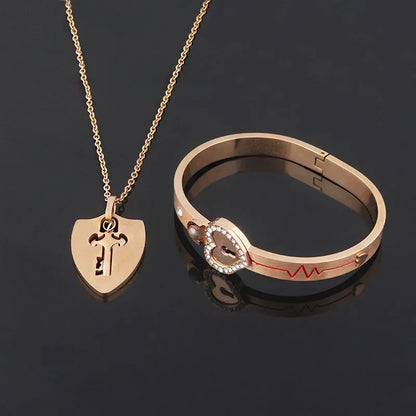 Couple Stainless Steel Love Lock Bracelet & Key Pendant Necklace – Romantic Jewelry Gift for Men and Women