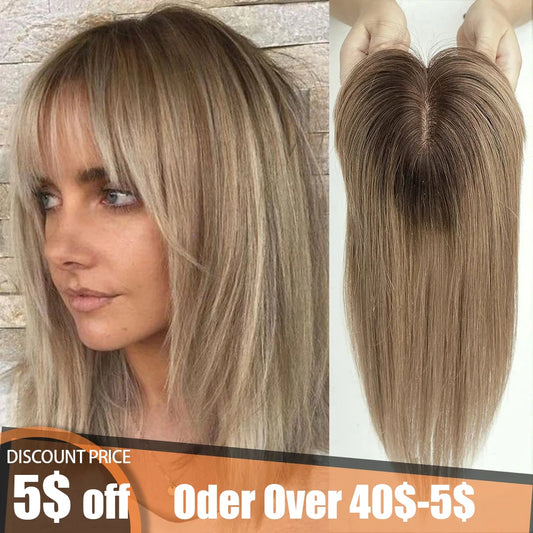 10" Brown Ombre Remy Human Hair Topper – Straight with Bangs, Silk Base, Clip-In Extension for Women