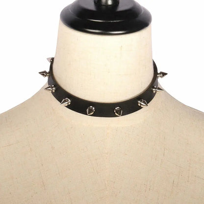 Black PU Leather Spike Choker Necklace – Studded Punk Gothic Biker Collar for Women & Men