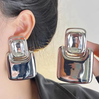 Vintage Large Geometric Crystal Earrings – Exaggerated Metal Statement Jewelry for Women