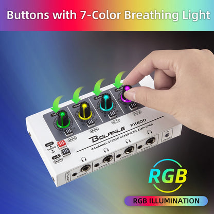 Bolanle PH400 Headphone Amplifier - 4-Channel Stereo Distribution System 600Ω High-Impedance RGB Studio Audio Amplifier